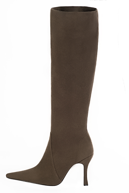 Chocolate brown women's feminine knee-high boots. Pointed toe. Very high spool heels. Made to measure. Profile view - Florence KOOIJMAN
